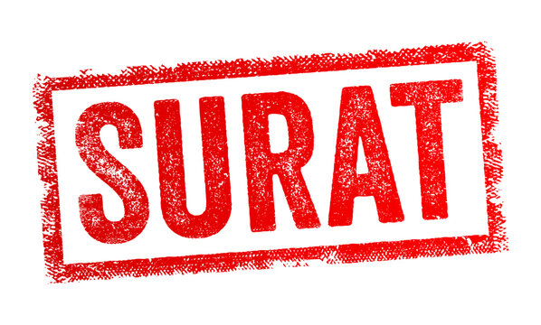 Surat stamp text names the city in Gujarat, India, known for diamonds, textiles, silk, trade and business, a travel and tourism destination on the Tapi river, shown as a grunge rubber stamp badge