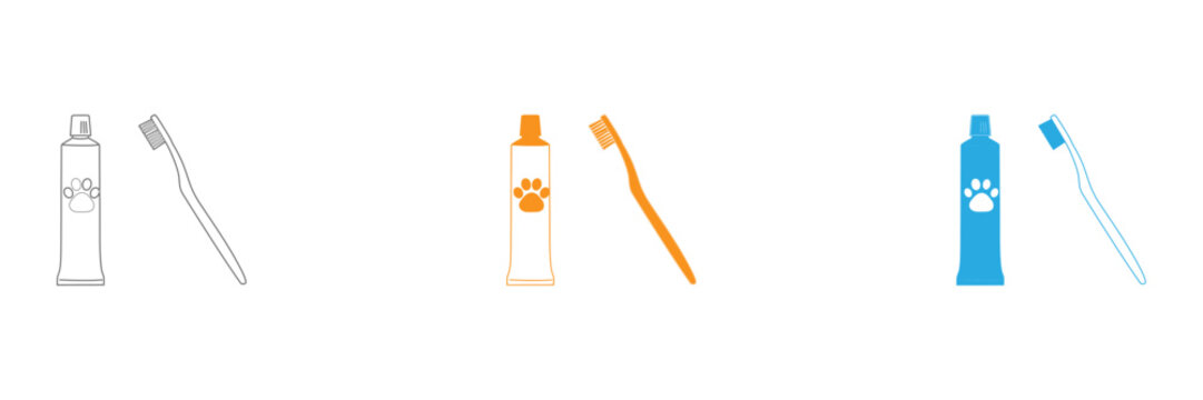 Set of pet dental hygiene tools featuring toothpaste tubes and toothbrushes with paw print icons for animal care