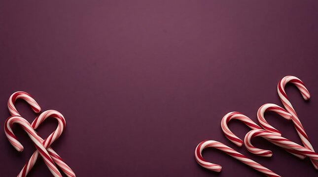 Group of festive peppermint canes on a dark purple background with christmas candies arranged in the bottom corners of a deep violet surface