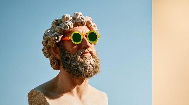Gypsum head bust of a bearded man wearing green coin glasses, featuring a chalky texture and empty copy space for crypto and digital finance themes