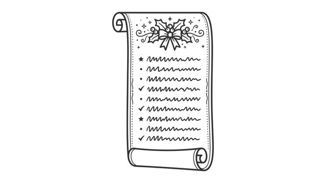 Christmas Wish List Scroll: A hand-drawn illustration of a vintage scroll decorated with holly and a festive bow, detailing a Christmas wish list with checked and unchecked items.