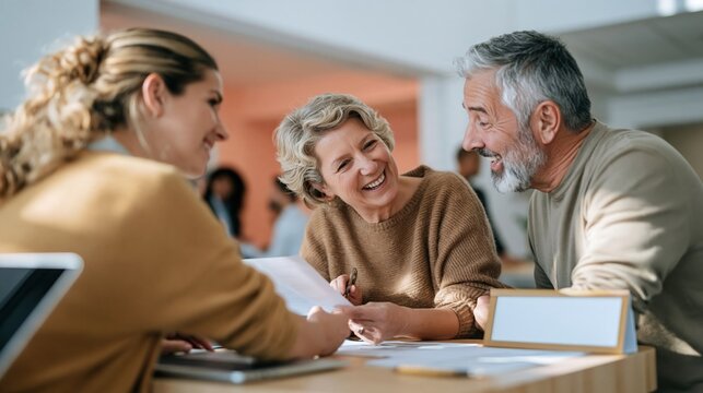 Senior couple and financial advisor reviewing documents at a light wooden bank desk, natural and warm scene for retirement planning and banking
