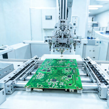 Circuit board moving through an automated electronics assembly machine in a clean factory, surface mount technology