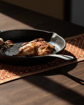 Chicken tabaka with a golden crust frying in a black cast iron pan on a wooden table, for gourmet dining and recipe books