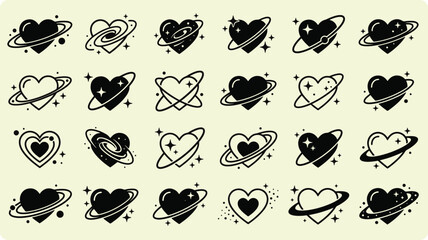 Cosmic heart and planet Saturn icon set featuring celestial love symbols space hearts and stars vector illustration © creative zone