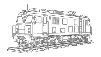 Electric Locomotive Blueprint: A detailed line drawing of an electric locomotive resting on railway tracks, showcasing its mechanical features and design elements. © Murshida