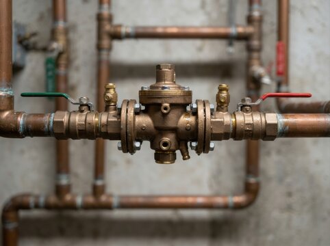 backflow preventer valve closeup Rusty water valve and pipes with red and green handles in industrial setting