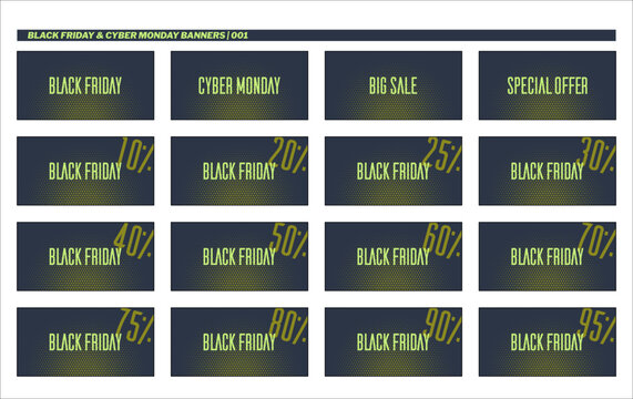 Black Friday and Cyber Monday banner set with discount percentages