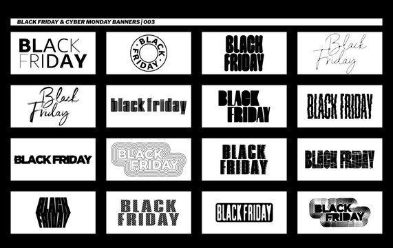 Black Friday banners with monochrome script and striped lettering