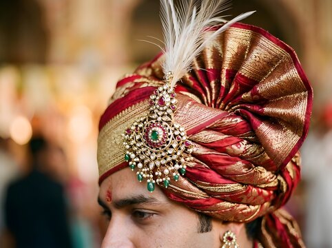 Traditional Indian Groom Safa Turban with Feather and Brooch