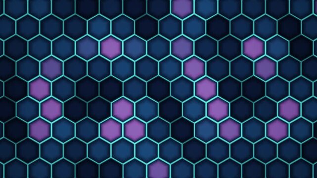 Animated hexagon pattern with shifting purple and blue colors on a dark background for motion and animation Projects geometric glowing abstract seamless loop honeycomb grid technology science texture
