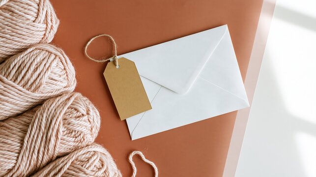Yarn balls and a kraft envelope with a blank gift tag on a warm terracotta surface, featuring soft textures for a craft shop banner mockup