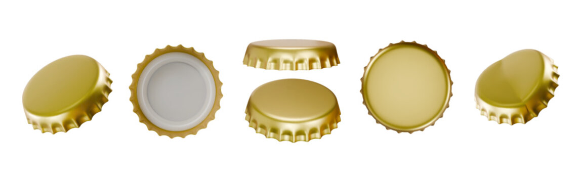 Bottle cap set. Beer lid side view, 3d ring cover for lemonade drink. Empty round and broken bottom. Beverage garbage, label presentation, aluminum gold metallic vector isolated realistic icons