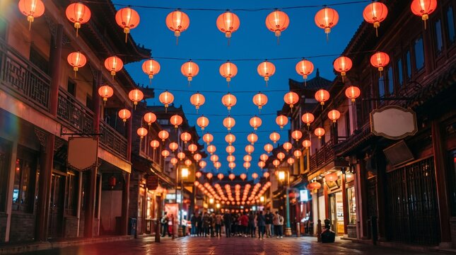 raditional Chinese red lanterns glowing brightly over a historic street at dusk during a cultural festival