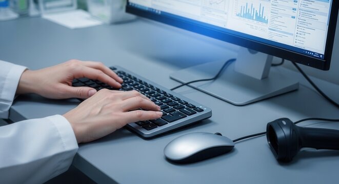 Close-up of a person in a lab coat using a keyboard and mouse in front of a computer displaying charts and data, with a barcode scanner nearby.