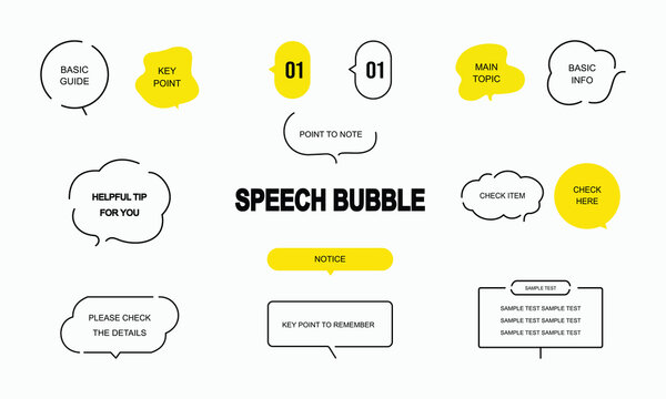 Creative set of yellow speech bubble designs for annotations featuring highlight markers and outline shapes for business guides and quick tips icons.