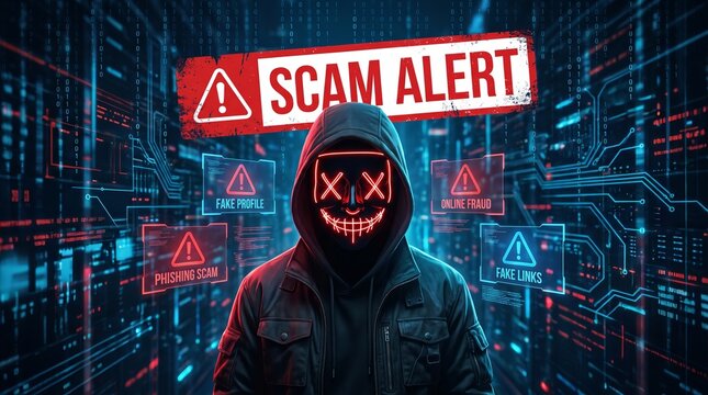 Anonymous hacker wearing glowing red neon mask amidst futuristic cyber security digital code background