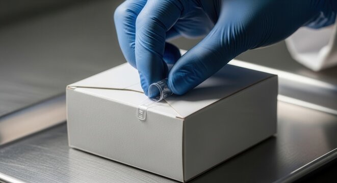 Close-up of gloved hands sealing a small white box with a plastic tab, suggesting packaging, research, or sample handling in a clean environment.