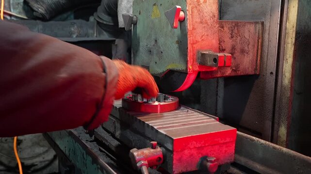 Close up of industrial metal grinding process with sparks flying from rotating abrasive wheel in factory workshop. Detailed view of heavy machinery during steel processing, show metalworking industry