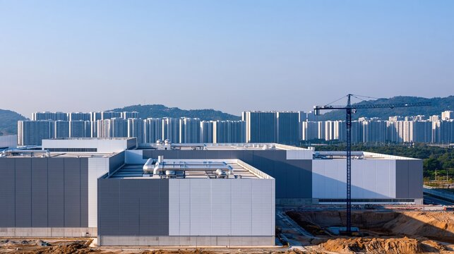Semiconductor manufacturing fab with sleek metal facades and rooftop plant, set in a dense city for chip industry and tech news