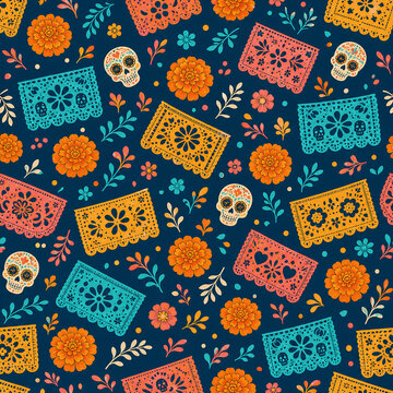 Dia de los Muertos seamless pattern with colorful papel picado marigold flowers and Mexican sugar skull decorations