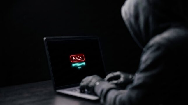 Over the shoulder view of an anonymous hacker in a hoodie typing on a laptop showing a hack progress bar at 99 percent on screen, dark background concept for cybersecurity, cybercrime, and data breach