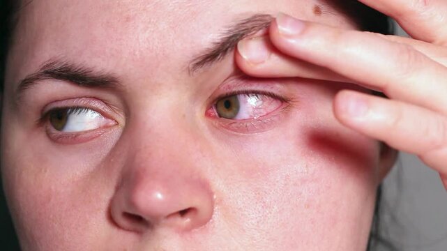 Female patient with painful red eye symptom. Seeking professional ophthalmologist care. Importance of timely eye exams. Drops therapy for infection recovery
