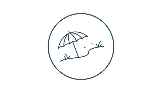 Minimalist line art icon of a beach scene with a parasol and small waves, enclosed within a dark blue circle, symbolizing summer, vacation, and travel.