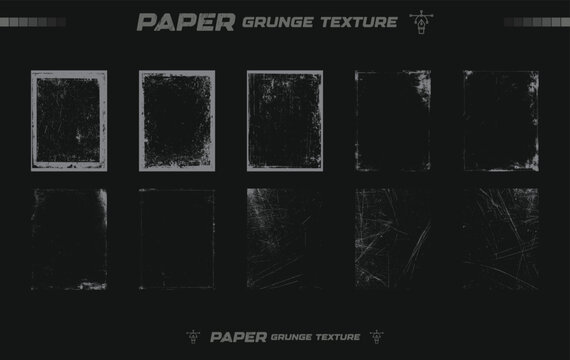 Grunge Distressed Frame Border Texture Collection. Scratched Vintage Paper Overlay Set on Dark Background. Aged Dusty Rectangle Edge Vector. Retro Worn Photo Effect Element.