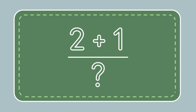 Simple math equation "2 + 1 / ?" written in white outline on a green chalkboard-like background with dotted borders, symbolizing education and problem-solving.