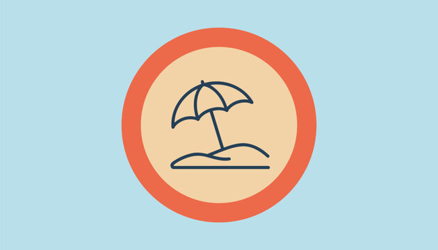 Minimalist line art icon of a beach scene with a parasol and small waves, set inside a red-orange bordered circle on a light blue background, symbolizing summer.