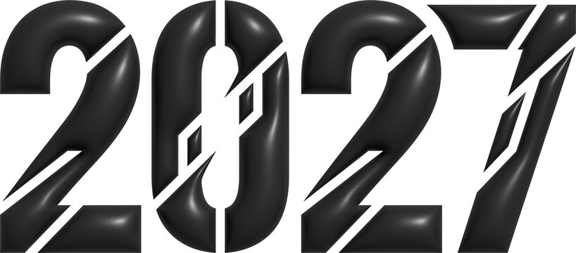 Abstract three dimensional 2027 numerals featuring dark metallic finish and sharp geometric fracture