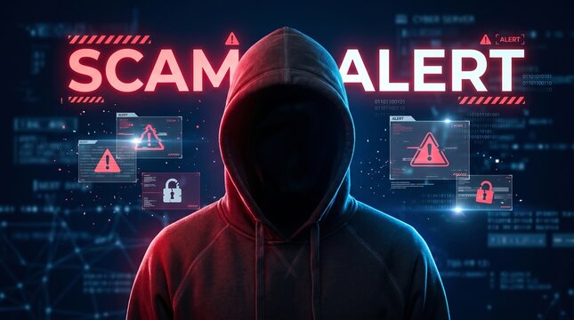 Mysterious hooded hacker figure standing in front of digital screen displaying scam alert warnings