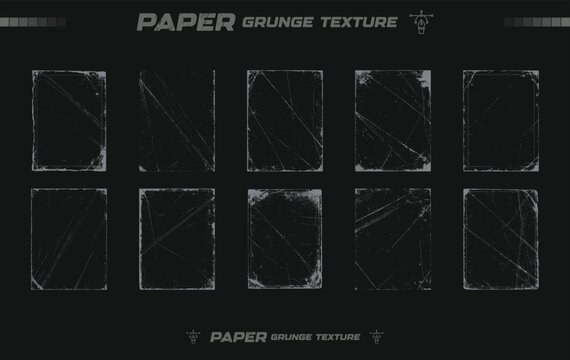 Vintage Scratched Paper Frame Texture Collection. Distressed Grunge Border Overlay Set on Dark Background. Aged Dusty Photo Edge Vector. Retro Worn Scratch and Dust Effect Element.