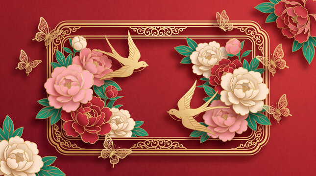 A festive red background featuring ornate golden frames, delicate paper cut peonies, flying swallows, and intricate butterflies for Chinese New Year celebration.