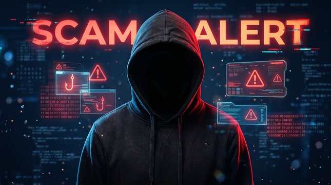Anonymous hacker in dark hoodie standing in front of glowing neon scam alert warning interfaces