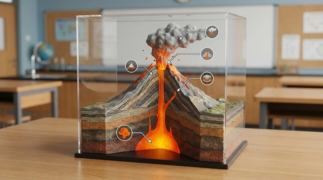 High detail geological 3D cross section model showing internal magmatic chamber venting molten lava ash cloud eruption layers and mountain crater structure for science classroom education visuals