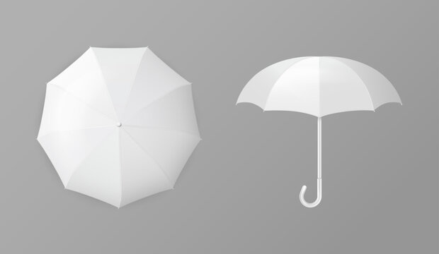 White umbrella mockup vector template with open canopy in top and front view, realistic blank rain parasol isolated on gray background for branding presentation, product design and print preview