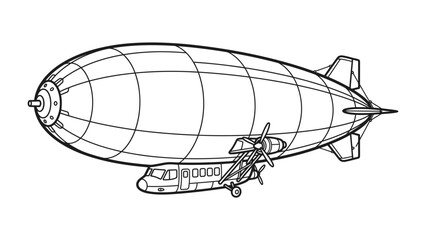 Airship Blueprint: A detailed line drawing of an airship, showcasing its structure and design with a small passenger cabin and propeller engines. © Ahsan