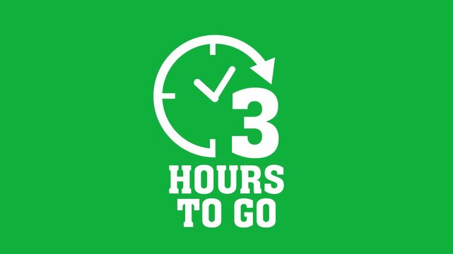 Animated 3 hours to go countdown timer with clock and circular arrow