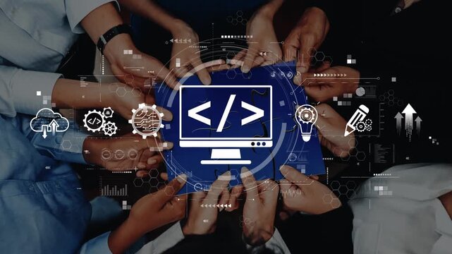 A diverse group of hands unites around a computer screen depicting coding symbols, symbolizing collaboration and innovation in software development and creative projects. Raster