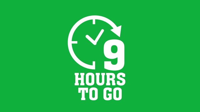 Animated 9 hours to go countdown timer with clock and circular arrow