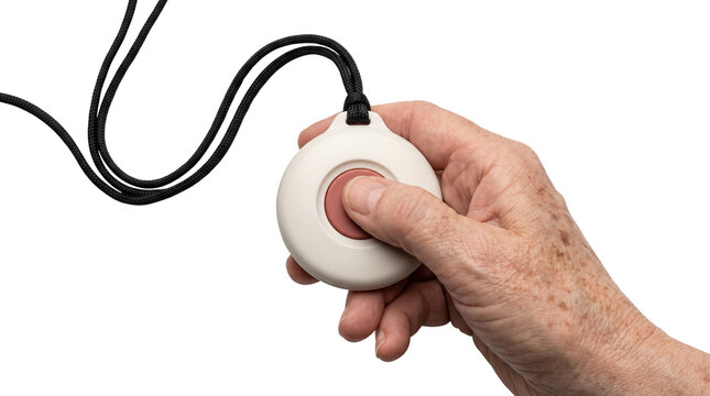 Medical alert button held in senior hand, emergency response pendant necklace, elderly personal safety alarm device isolated PNG with Transparent Background