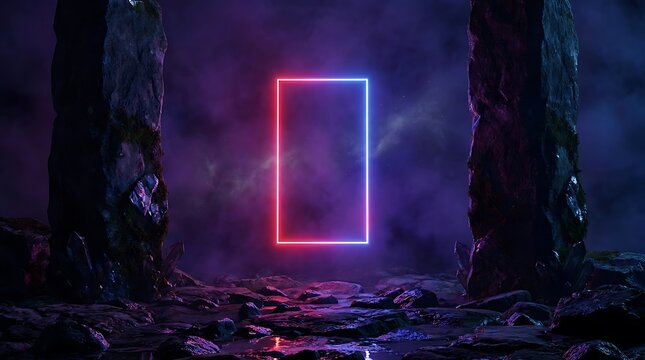 Glowing rectangular neon frame between two large dark stone monoliths in a misty, purple-lit rocky landscape