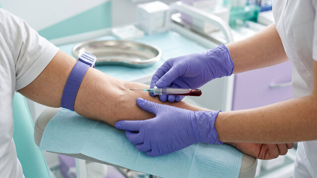 Nurse Hands in Purple Gloves Taking Blood Sample from Patient Arm with Purple Tourniquet in Medical Clinic