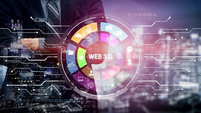 Business Professional in Suit Engaging with Web 3.0 Digital Interface on City Background with Technology Icons and Data Visualizations. Entropy.