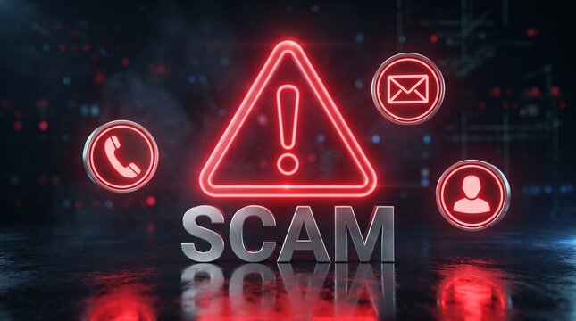 Glowing red neon warning sign and scam text standing on a dark reflective surface