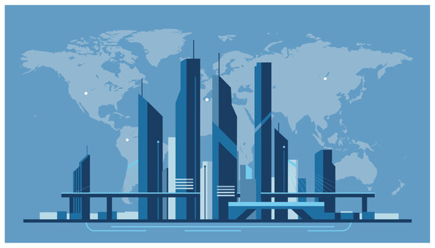 Futuristic modern smart city skyline with transit bridges set over subtle world map background silhouette.