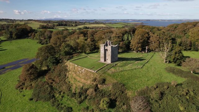 Aerial view of Audley's Castle, a 15th century tower house on a grassy mound among autumn trees above Strangford Lough, Northern Ireland