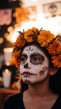 A young girl wearing traditional La Catrina face paint and a vibrant orange marigold flower crown during a Dia de los Muertos celebration.